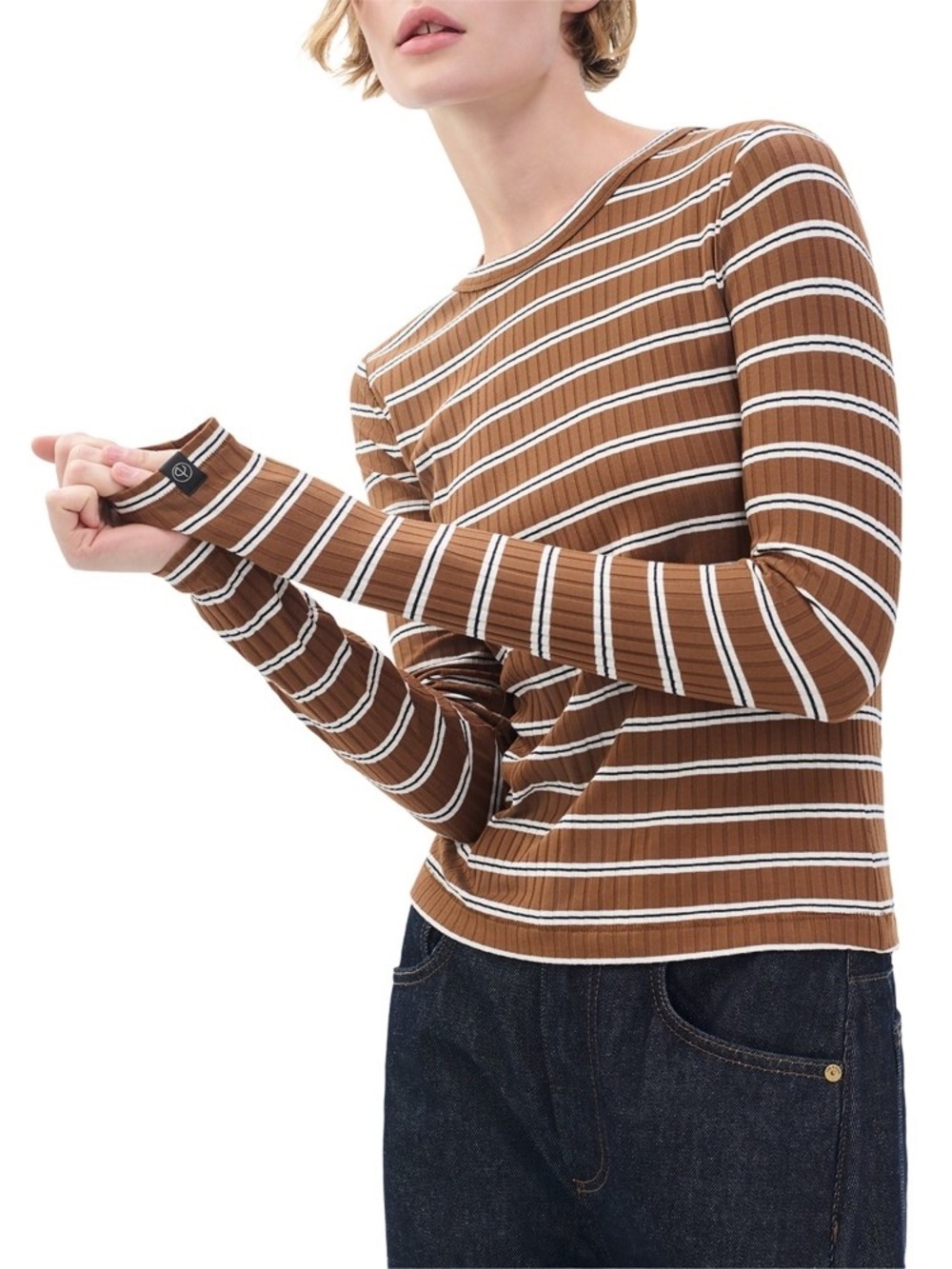 NWT rag & bone Luca Stripped Long-Sleeve Tee in Toffee Multi Size L
